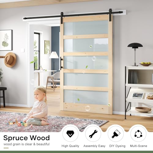 42x84 inch Glass Sliding Barn Door Slab with 7ft Hardware Kit Included, 5-Panel Frosted Glass, Spruce Wood Support DIY Dyeing, Easy Assembly