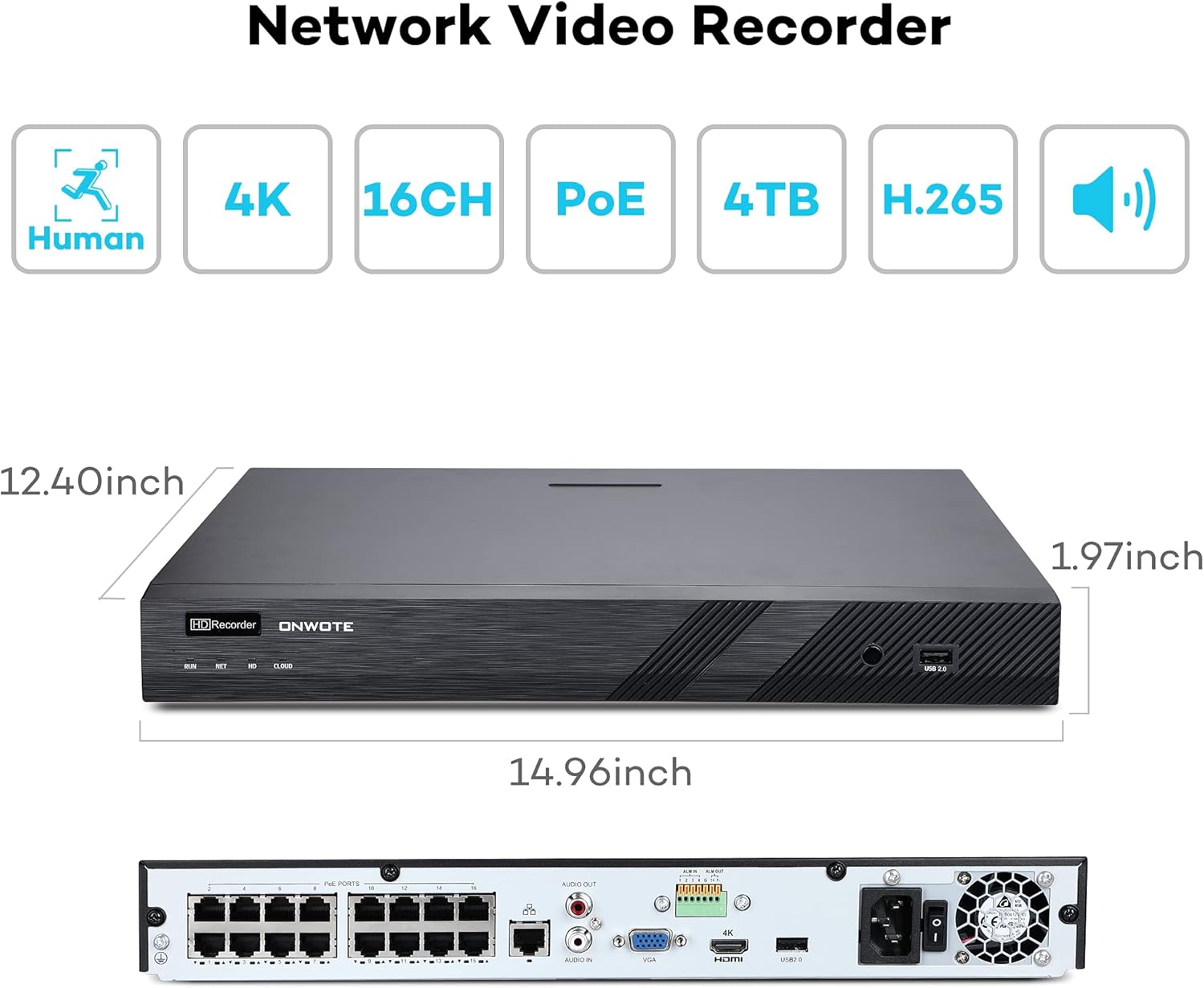 ONWOTE 4K Security Camera System 16 Channel, (8) 4K PoE IP Cameras with AI-Human-Detection, 16CH H.265+ 4K 8MP NVR 4TB HDD, 2-Storage-Bay