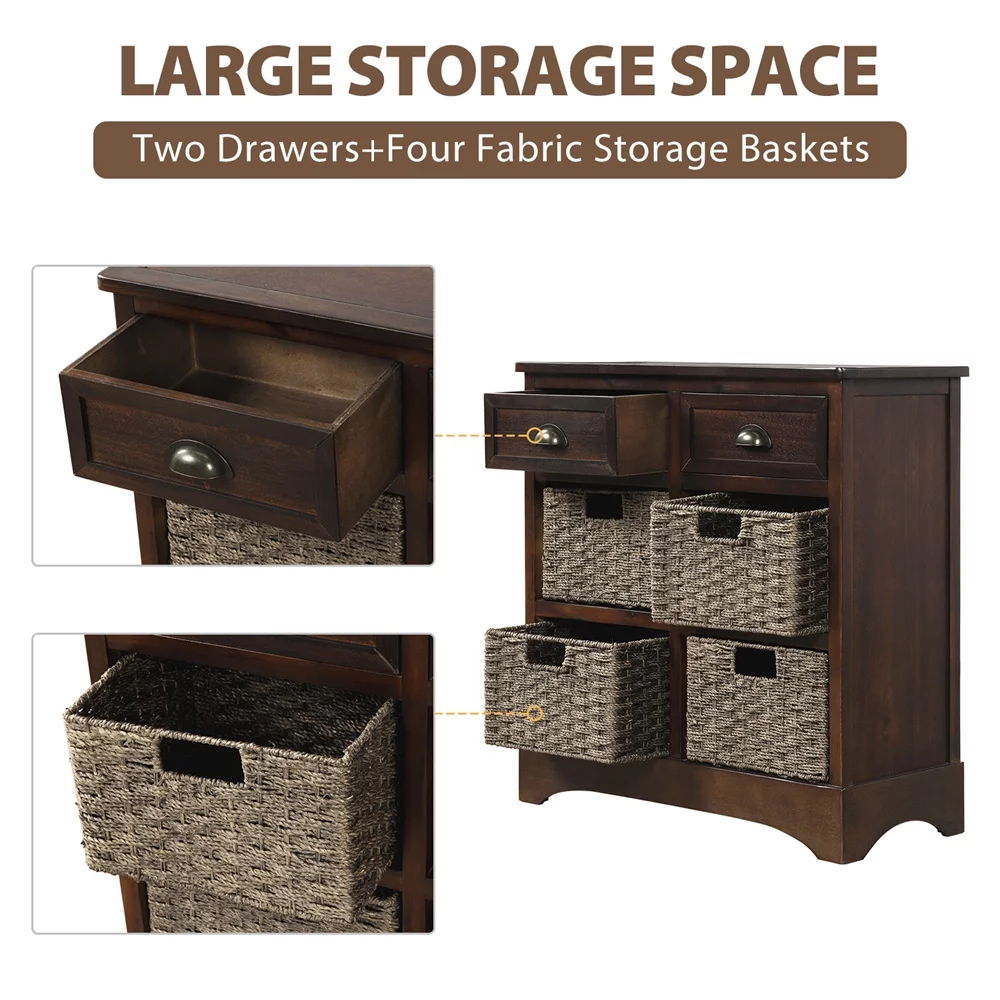 Rustic Storage Cabinet with 2 Drawers and 4 Wicker Baskets, Wood Console Table/Entryway Cabinet/Side Table for Living Room, Dining Room