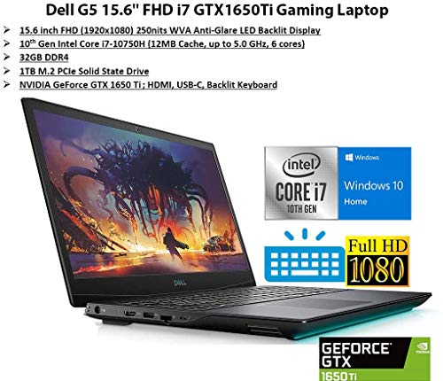 Dell G5 15.6&rdquo; FHD Gaming Laptop, i7-10750H, Backlit Keyboard, Bluetooth, USB-C, HDMI, Mini DP, NVIDIA GeForce GTX 1650 Ti, Windows 10 Home