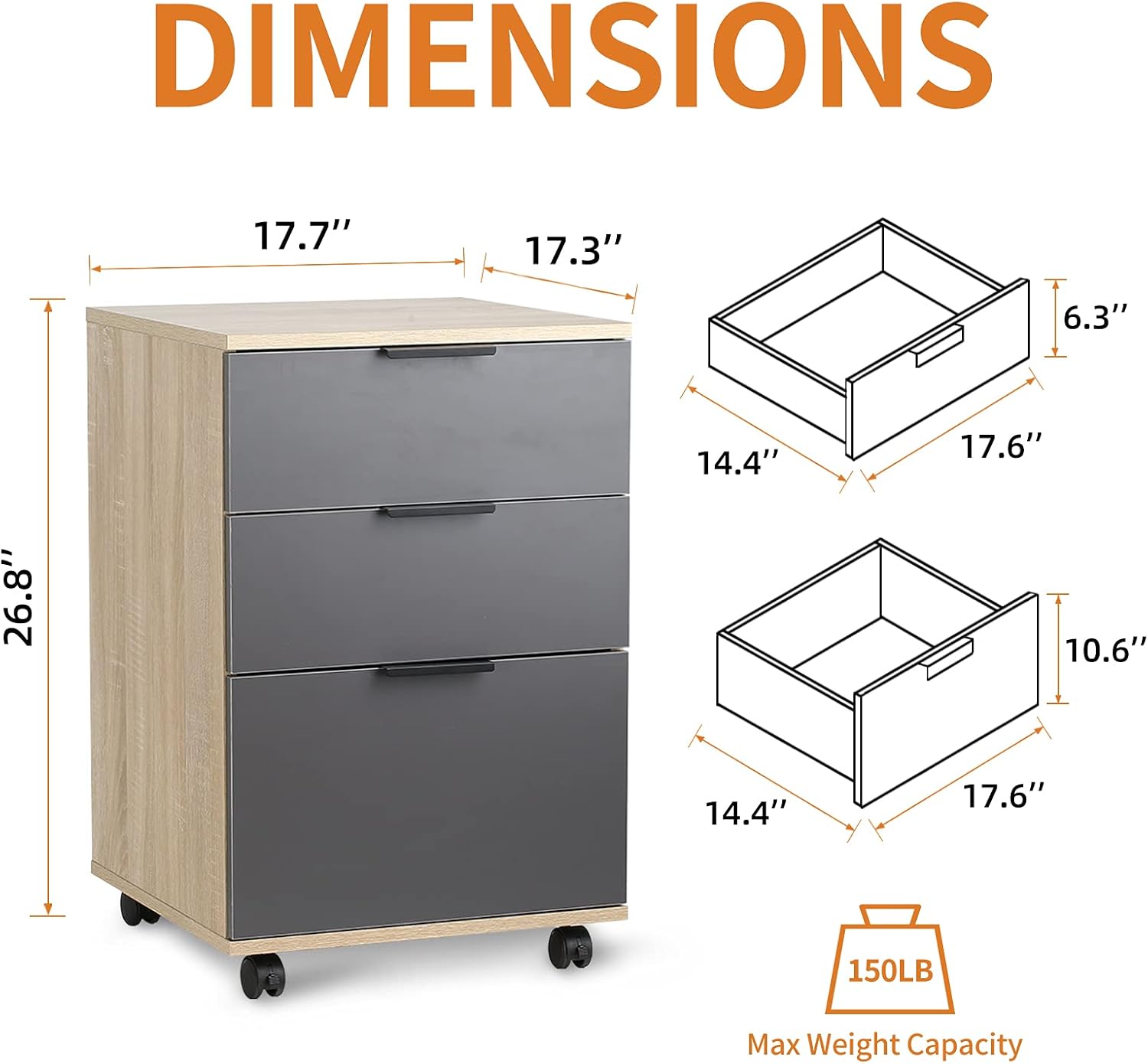 DASROOM 3 Drawer Rolling Wood File Cabinet Home Office Portable Vertical Mobile Storage Filing Cabinet with Wheels, Assembly Required, Oak