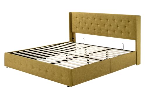 Allewie Full Size Lift Up Storage Bed, Modern Wingback Headboard, Hydraulic Support, No Box Spring Needed, Light Beige