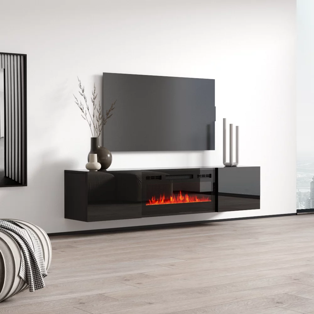 Cali BL-EF Floating Fireplace TV Stand for TVs up to 80", Modern High Gloss 72" Entertainment Center