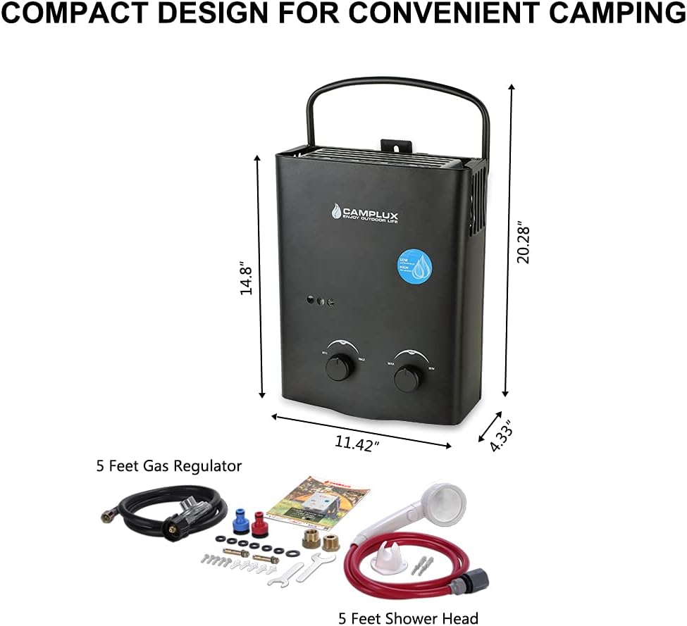 Camplux 1.32 GPM Outdoor Propane Portable Tankless Water Heater with Portable Handle, Black