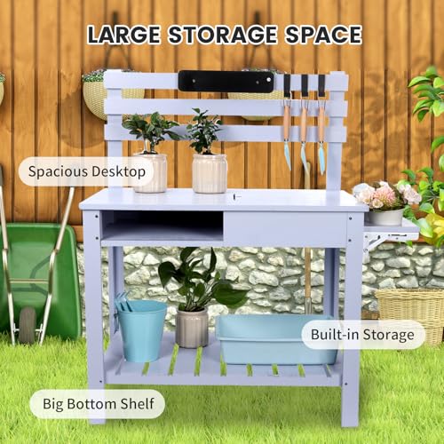 Potting Bench Table Outdoor Garden Table Wooden Work Station Outdoor Garden Work Bench Platform with 3 Side Hook Shelf Natural Wood Rice-White
