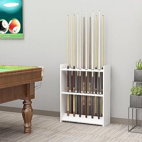 Teak Wooden Billiard Cue Rack Stand - Freestanding Pool Stick Holder for 12 Cues, Easy Assembly, Space-Saving Design for Home & Club Use