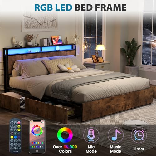 Queen Size Bed Frame with 4 Storage Drawers, LED Platform Bed with Headboard, Built in Charging Station, Noise Free, Stable and Solid