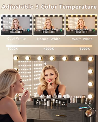 Makeup Vanity Desk with Lights, Vanity Desk with Large Mirror, White Vanity with Outlets Large Drawers & Storage, 3 Lighting Color Adjustable