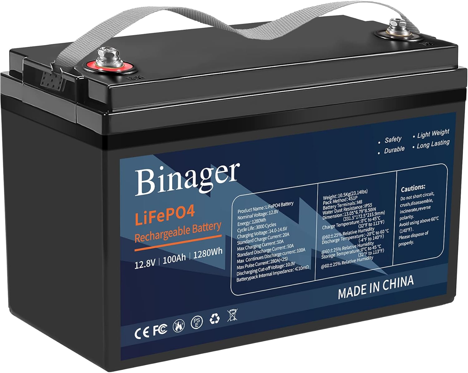 Binager 12v 100ah Lithium Battery, Deep Cycle Battery, Lithium iron Phosphate Battery, 100ah Lifepo4 Battery, Perfect for Off-grid Applications, Car