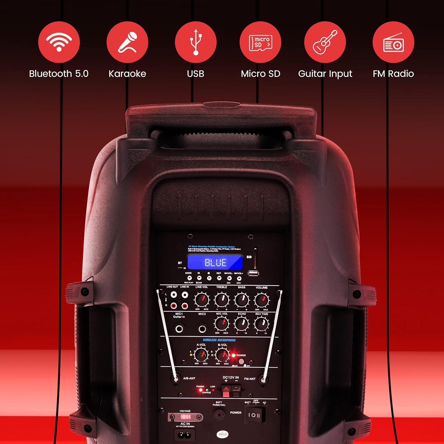 Pyle 1600 Watt, 15" Bluetooth PA Speaker-Indoor/Outdoor Portable Sound System with (2) UHF Wireless Microphones Rechargeable Battery, Audio Recording