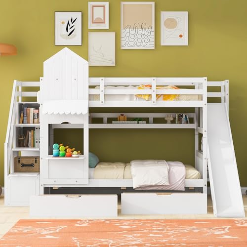 Harper & Bright Designs Twin Over Twin Bunk Bed with Stairs and Slide, Solid Wood Bunk Bed Frame with Storage Drawers and Bookshelf