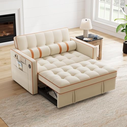 Marsail Sofa Bed, 3-in-1 Convertible Sleeper Sofa, Futon Couch with USB Charging, Side Pockets & Adjustable Backrest, Pull Out Couch for Living Room