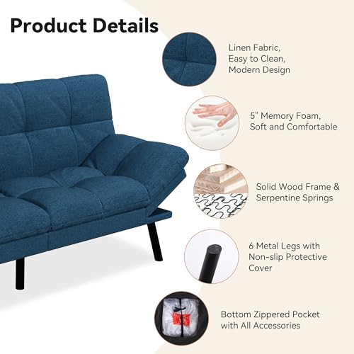 Faux Leather Futon Sofa Bed,Convertible Futon Couch,Memory Foam Loveseat Sleeper Sofa,Small Splitback Modern Folding Couch for Living Room,Office