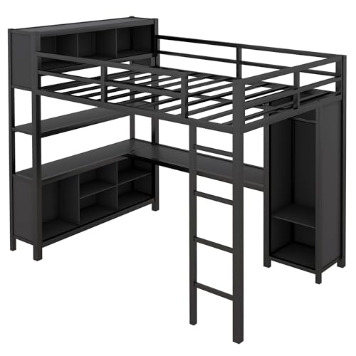 Bellamave Metal Loft Bed with Wardrobe and L-Shaped Desk, Full Size Loft Bed with Storage Cubes and Shelves, Heavy Duty LoftBed for Kids Teens Adults