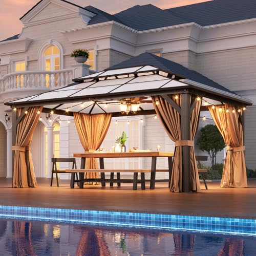 Aoxun 12'x16' Hardtop Gazebo, Aluminum Frame Permanent Pavilion with Netting and Curtains, Outdoor Polycarbonate Double Roof Canopy
