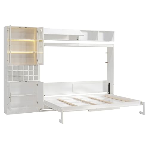 MERITLINE Queen Murphy Bed with Couch and Storage Shelves,Charging Station& LED Light