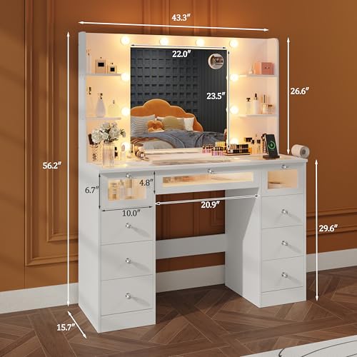 Vanity Desk with Mirror and Lights, Glass Top Vanity with 9 Drawers Including 3 LED Drawers, 4 Shelves & Power Outlet