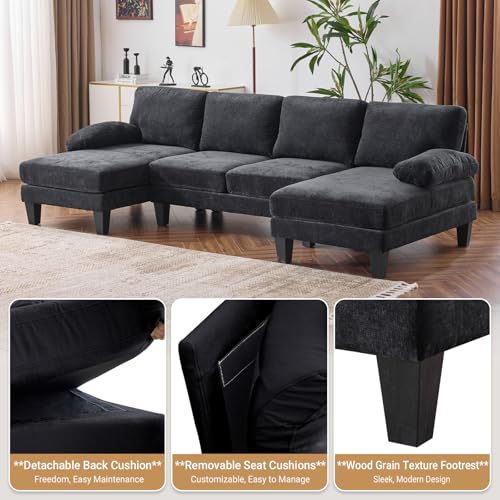 VINGLI 110" Sectional Couches for Living Room,U Shaped Couch with Double Chaise, 4-Seat Sofa Set with Chenille Fabric for Home Furniture,Forest Green