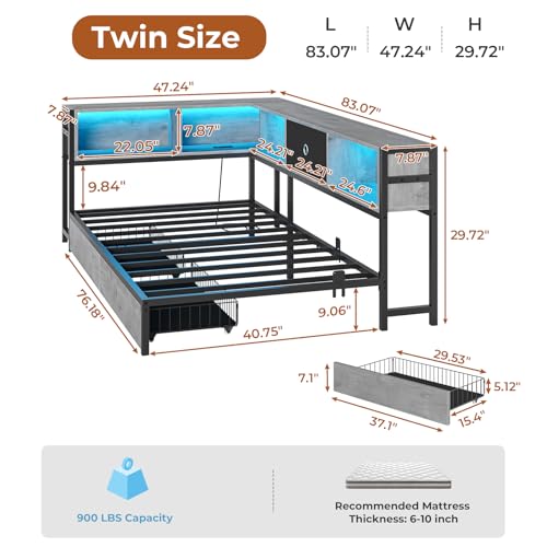 DICTAC Corner Full Bed Frame with Bookcase Storage and Led Lights Full Size Metal Platform Bed Frame with Storage Drawers & Charging Station Full