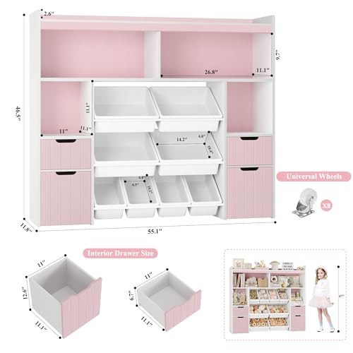 HORSTORS 55" W Toy Storage Organizer with Drawers, Large Kids Toy Storage Box with Removable Bins