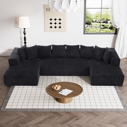 131" Modular Sectional Sofa Cloud Couch, Corduroy Memory Foam Black Sectional Couches for Living Room, Modern Deep Seat Boneless Sofa