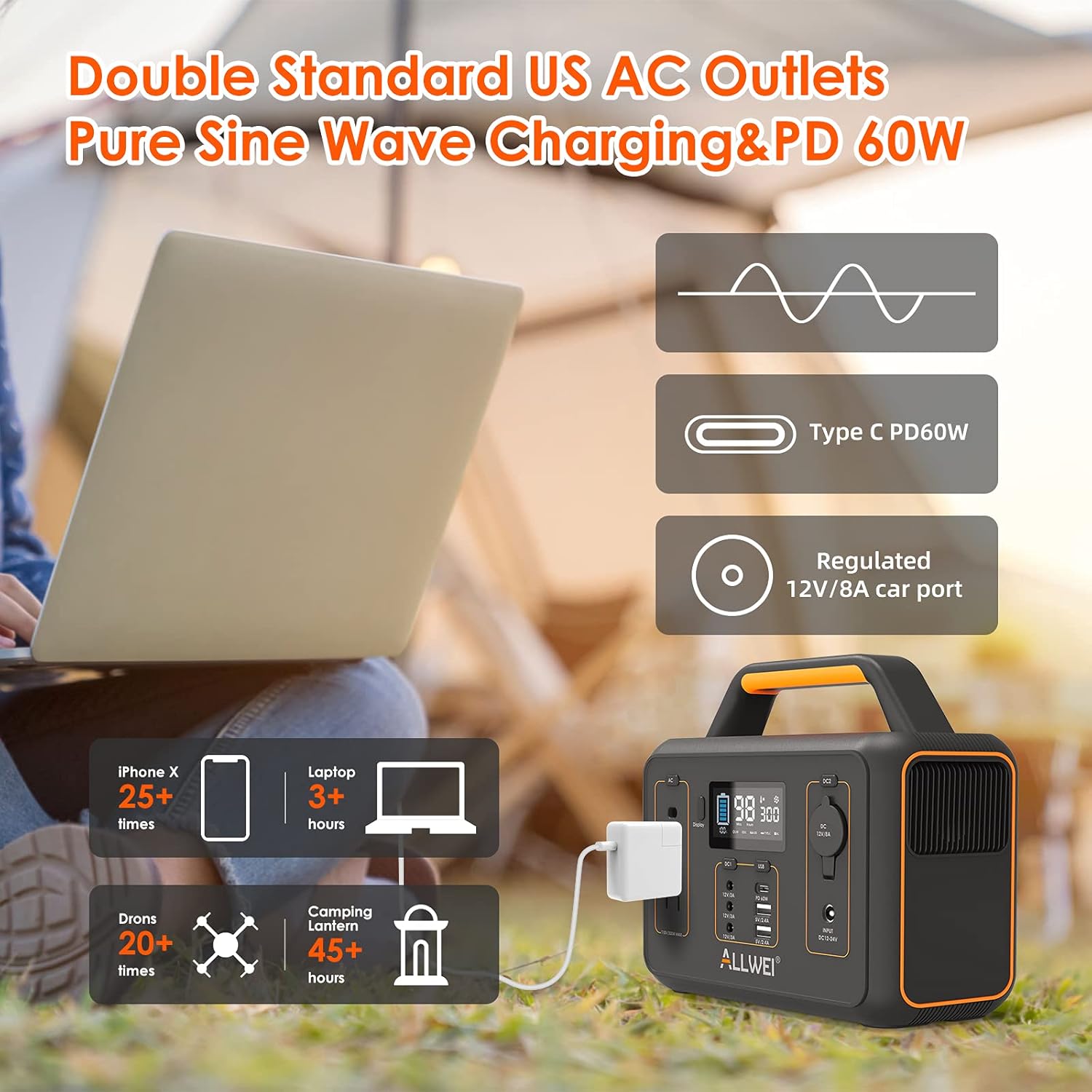 ALLWEI Portable Power Station, 280Wh Backup Lithium Battery, Regulated DC for mini Cooler, USB-C PD60W