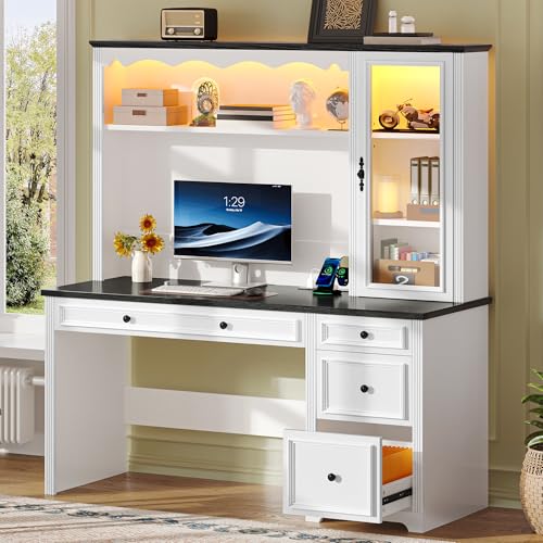 YITAHOME Executive Desk with Hutch and Drawers, Farmhouse Wood Computer Desk with Power Outlet & LED Lights, Home Office Desks with Storage Shelves