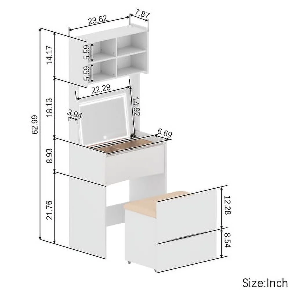 Compact Vanity Desk Set with Flip Top Mirror, LED Light, Makeup Vanity Table with Drawers for Small Space