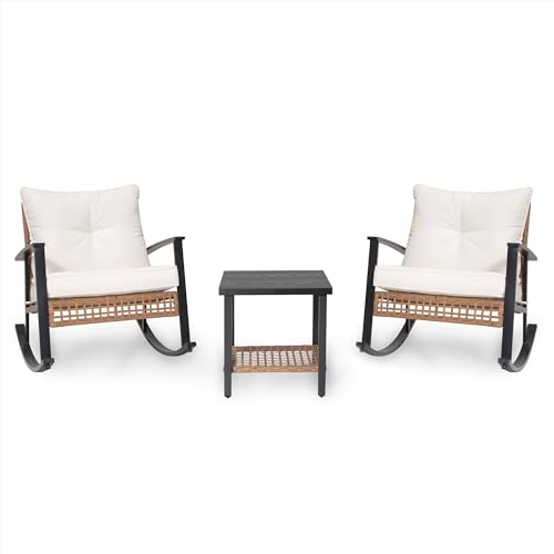 LAUSAINT HOME 3-Piece Rocking Bistro Set, Outdoor Patio Furniture with Thick Cushions and 2-Tier Coffee Table