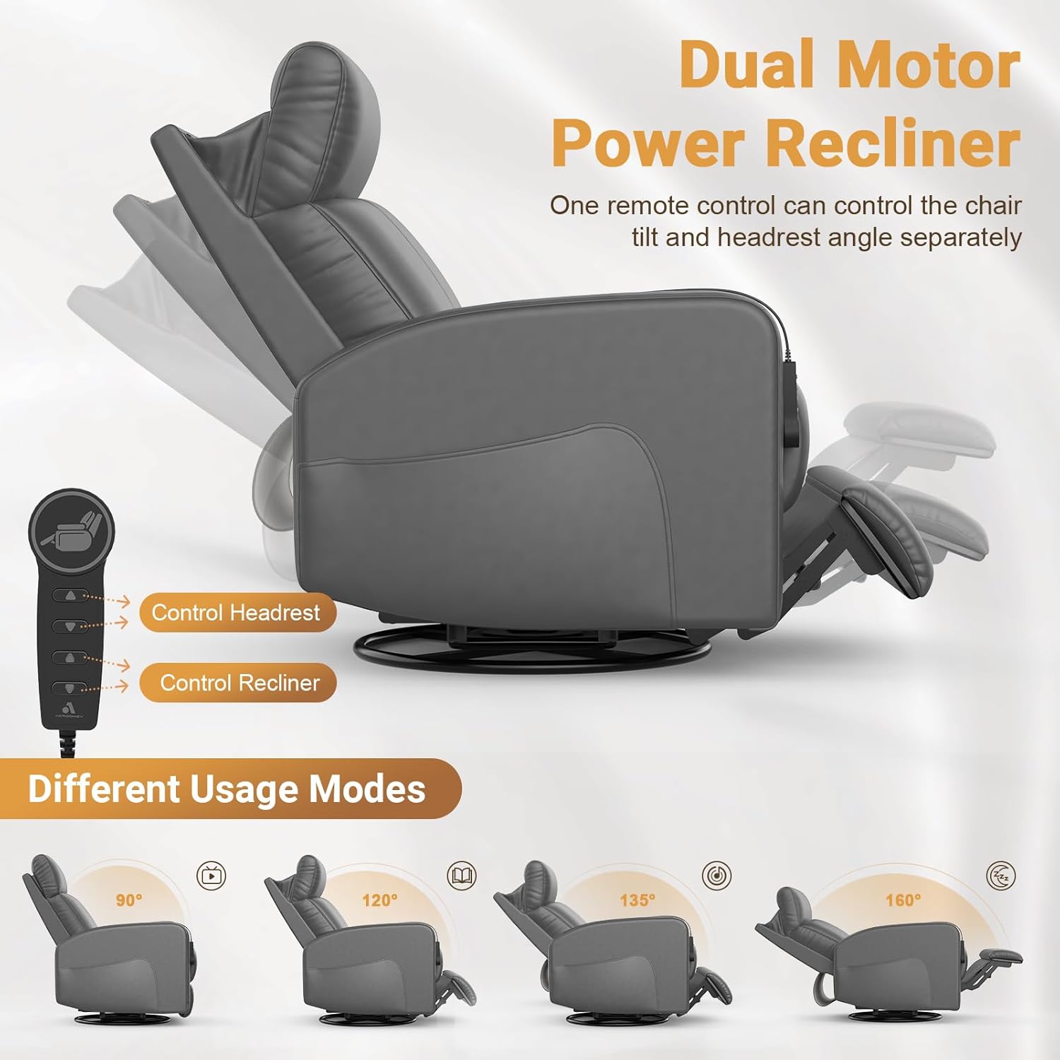 Power Recliner Nursery Glider Chair, Power Adjustable Head Support, 270 Degree Swivel Glider Rocking Chair with USB & Type C Ports