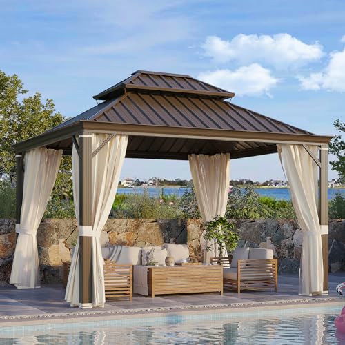 YOLENY 10' x 12' Hardtop Gazebo, Metal Gazebo with Aluminum Frame, Double Galvanized Steel Roof, Curtains and Netting Included