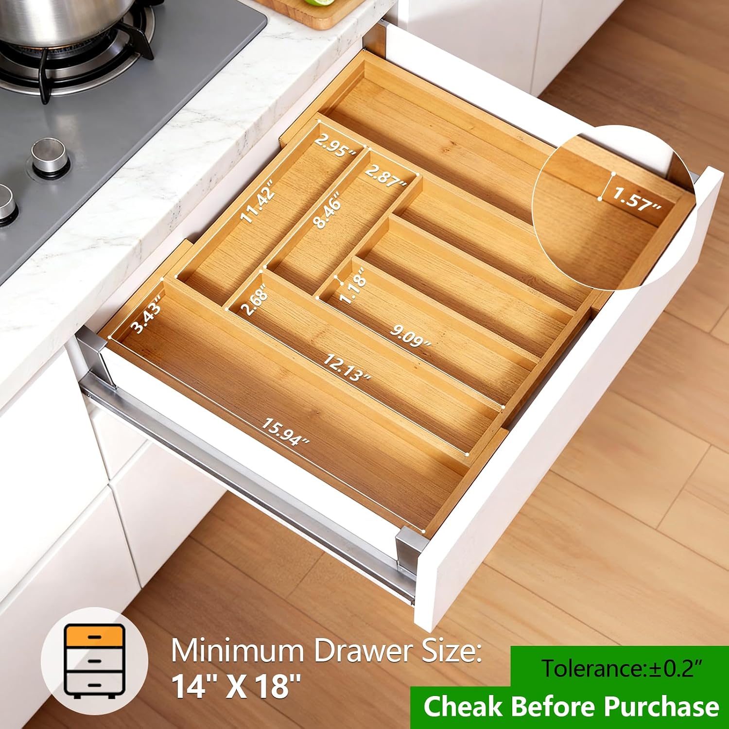 Pipishell Bamboo Expandable Silverware Drawer Organizer, Adjustable Kitchen Utensil Tray for Forks, Spoons and Knives