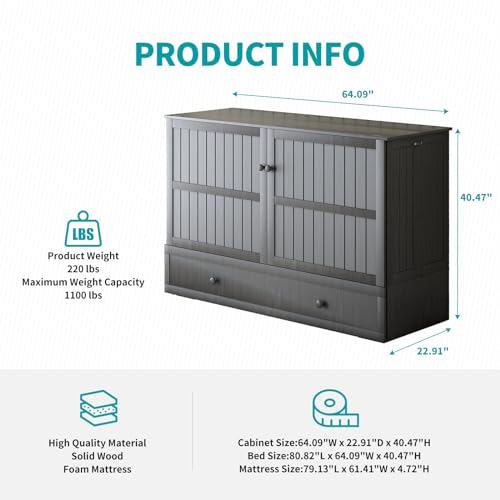 BALUS Queen Murphy Bed Cabinet, Murphy Beds with USB Charging Station, Foldable Mattress