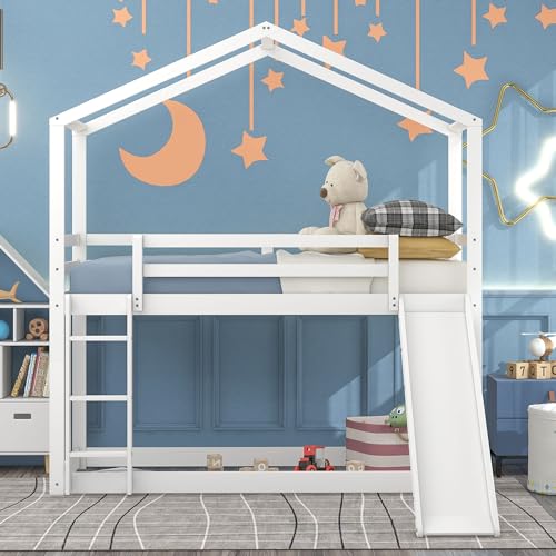 Kids Twin Over Twin Bunk Beds with Slide and Trundle, Solid Wood Bunk Bed Frame with Stairs and Storage