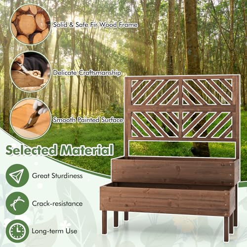 Raised Garden Bed with Trellis & 2 Planter Boxes, 2-Tier Outdoor Wooden Elevated Planter Box with Legs & Drainage Holes