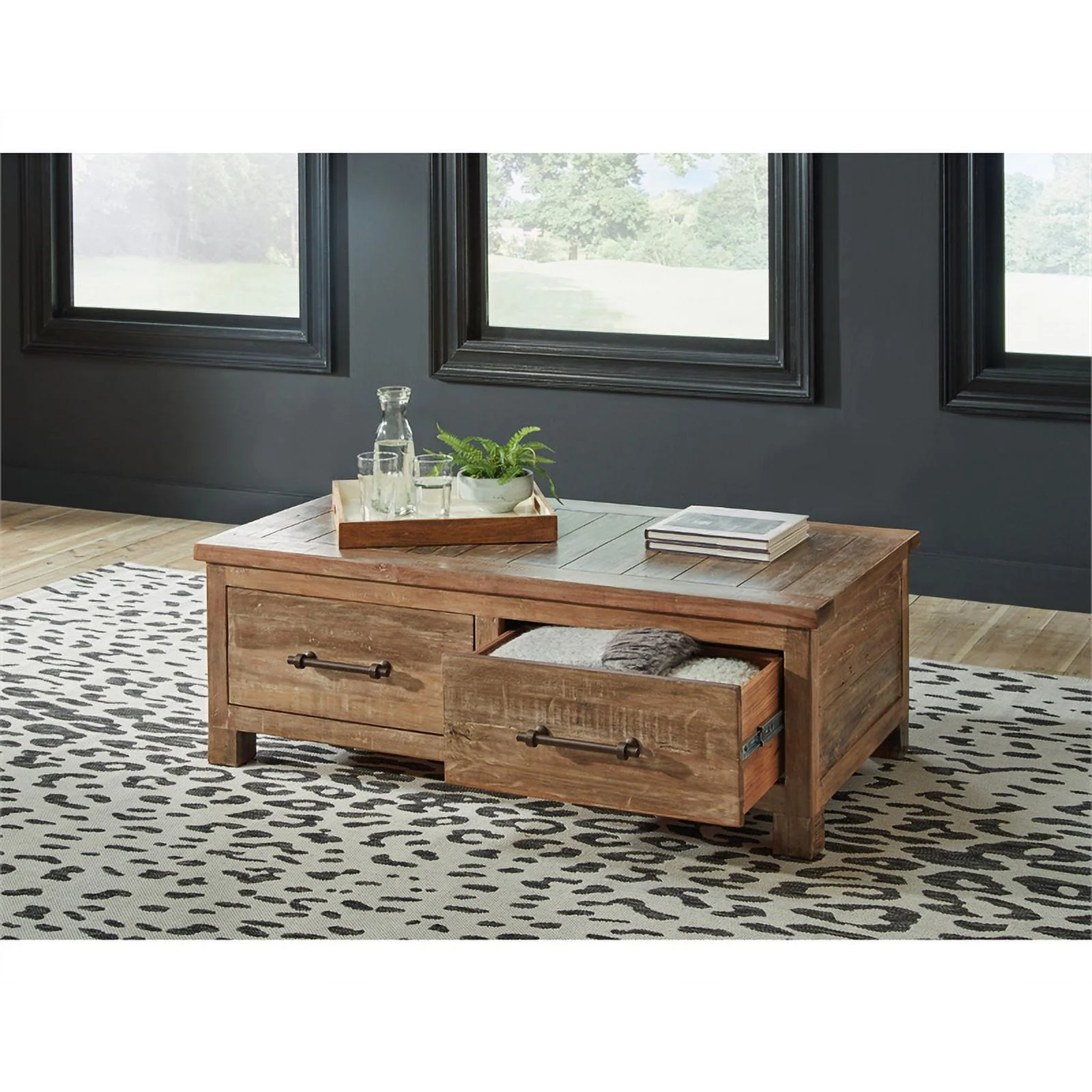 Ashley Furniture Randale Wood Coffee Table with Storage in Dark Brown