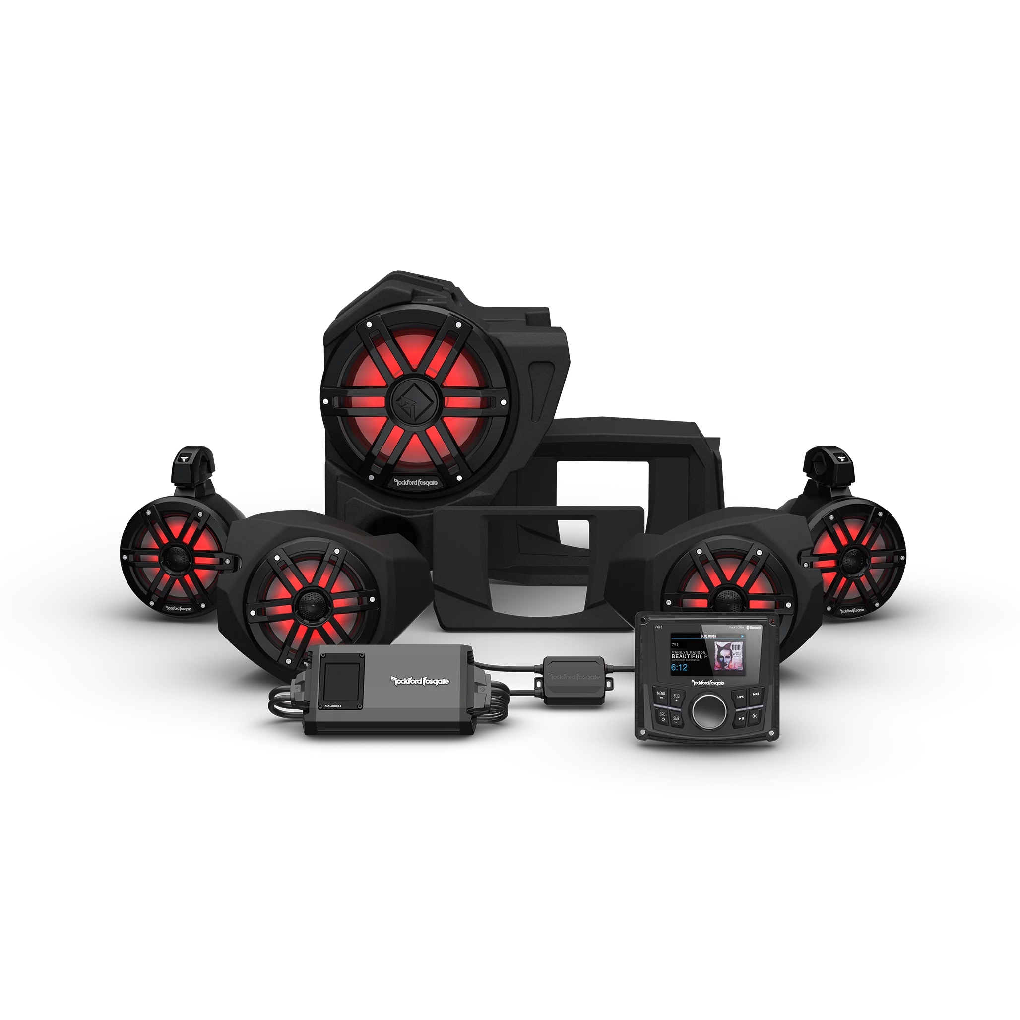 Rockford Fosgate RZR14-STG4 Audio Kit: PMX-2 Receiver, 800-Watt Amp, M1 Series Color Optix Multicolor LED Lighted Front Speaker