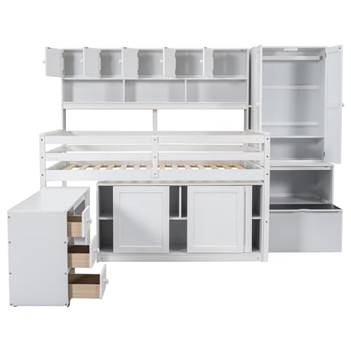 Harper & Bright Designs Full Size Loft Bed with Wardrobe, Wooden Full Loft Bed Frame Big Storage with Under-Bed Desk, Drawers and Shelves, Gray