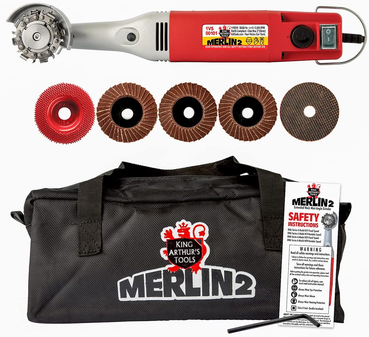 King Arthur's Tools Universal Carving Set, MERLIN2 Handheld Variable Speed Mini Angle Grinder Power Tool with 6 Accessories &ndash