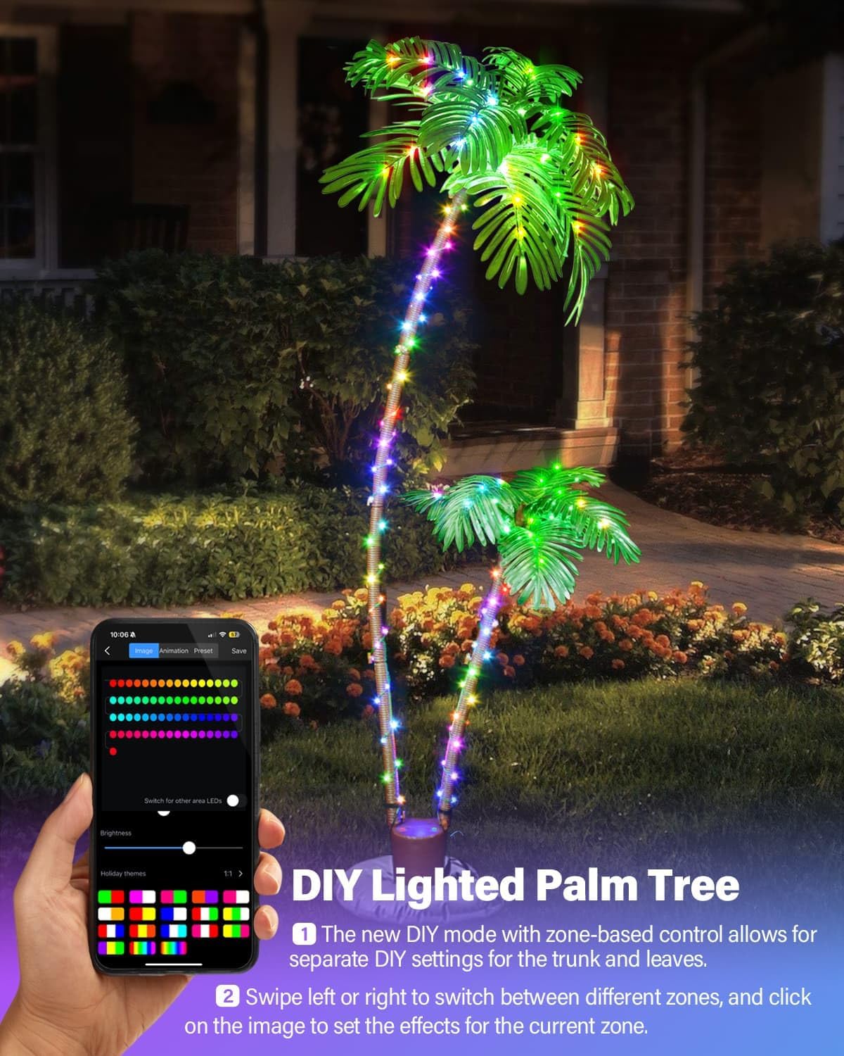 Smart Palm Tree for Outside Patio, 6FT App Remote Control Artificial Lighted Palm Tree 2 Trunks