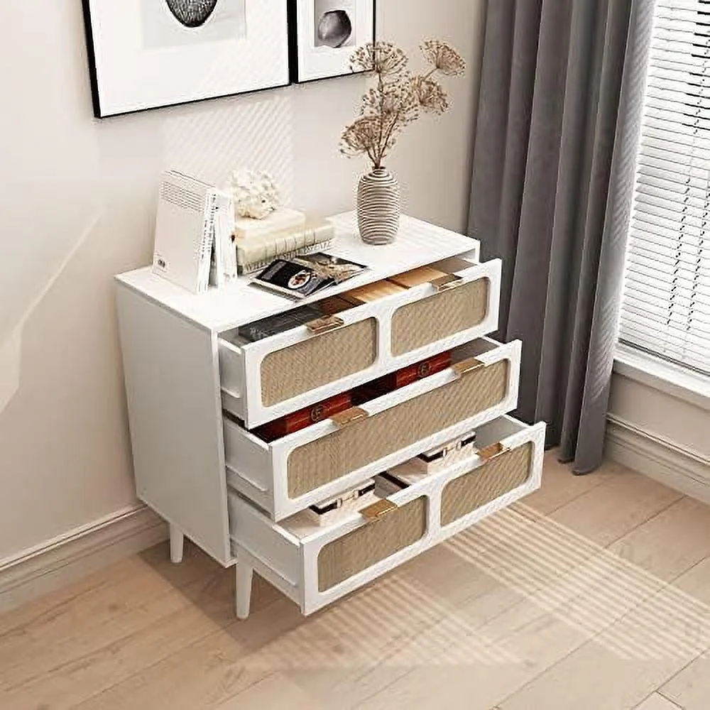 TJUNBOLIFE 3 Drawer Dresser  Modern Rattan Dresser Chest with Wide Drawers and Metal Handles  Farmhouse Wood  Chest of Drawers for Bedroom  Living