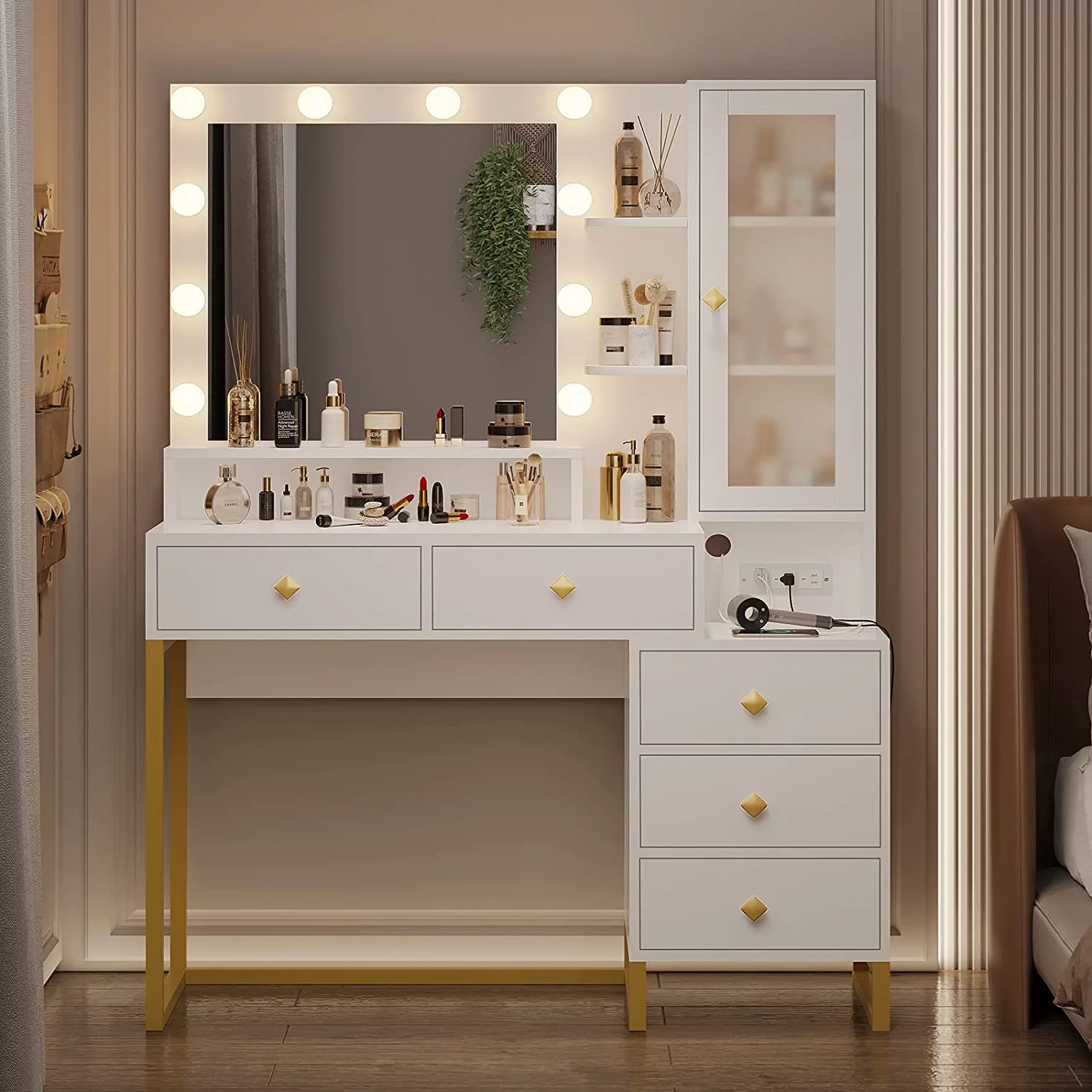 Vanity Desk with LED Lighted Mirror, Makeup Desk with 5 Storage Drawers & 6 Shelves, Vanity Table with Charging Station