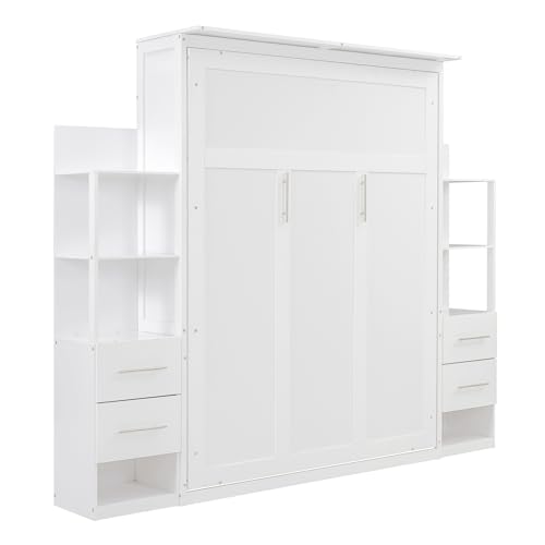 Harper & Bright Designs Full Size Murphy Bed Wall Bed with Storage Shelves, Drawers and LED Lights