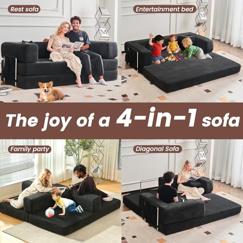 Convertible Sleeper Sofa Bed No Assembly Corduroy Upholstered Green Modular Floor Couch Queen/King Size Foldable Futon with Memory Foam for Apartment