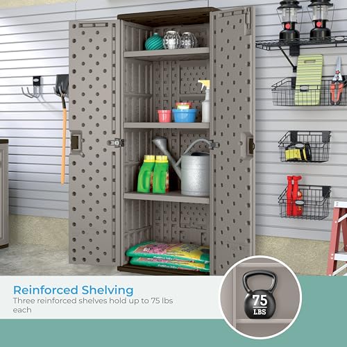 Suncast Tall Storage Cabinet, Platinum Resin Outdoor & Garage Storage Cabinet with Doors & Shelves, Plastic, Weather-Resistant, Lockable