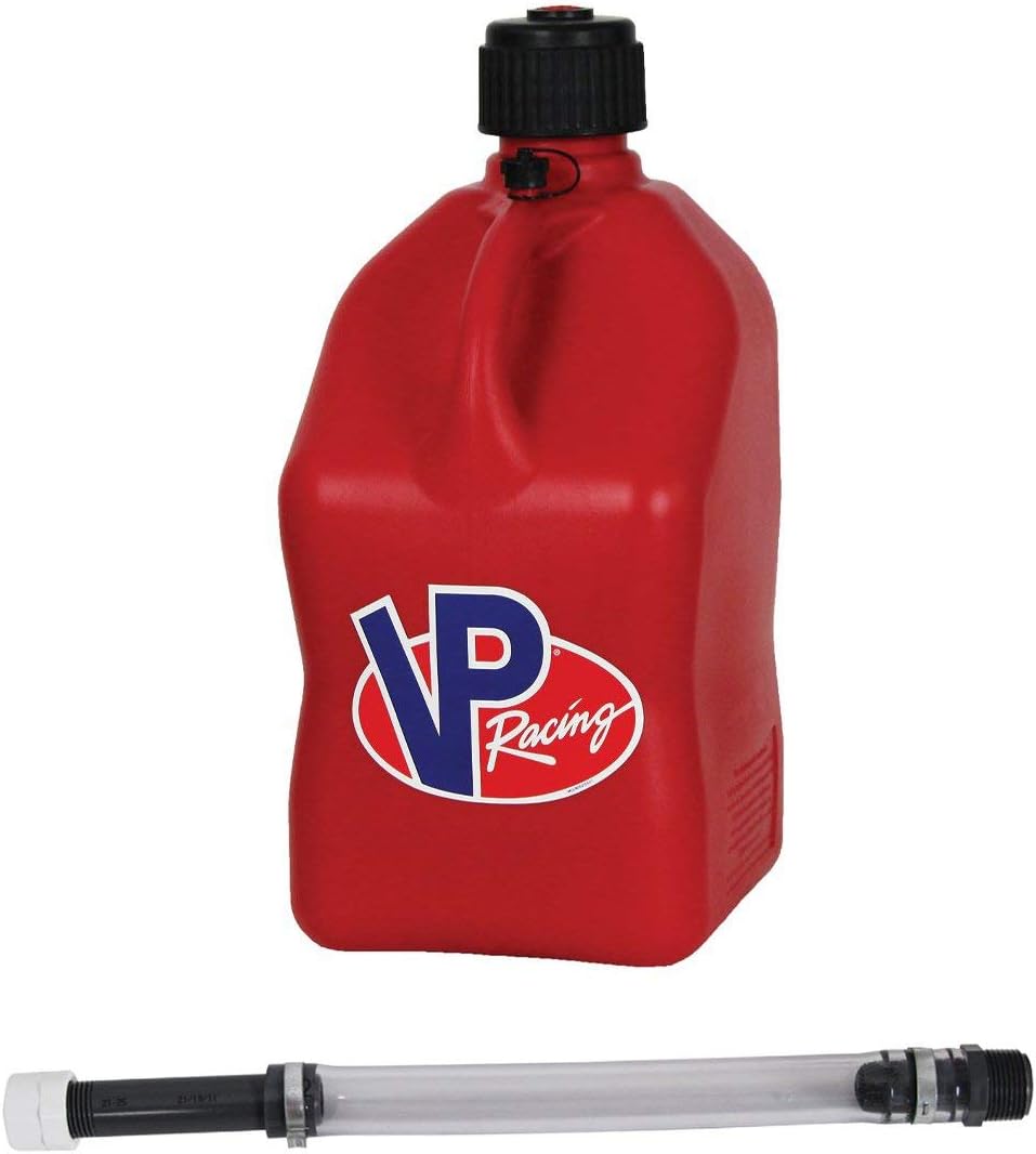 VP Racing Fuels 3512 + 3044B 5 Gallon Square Red Racing Utility Jug w/ 14 Inch Deluxe Filler Hose Pack of 2