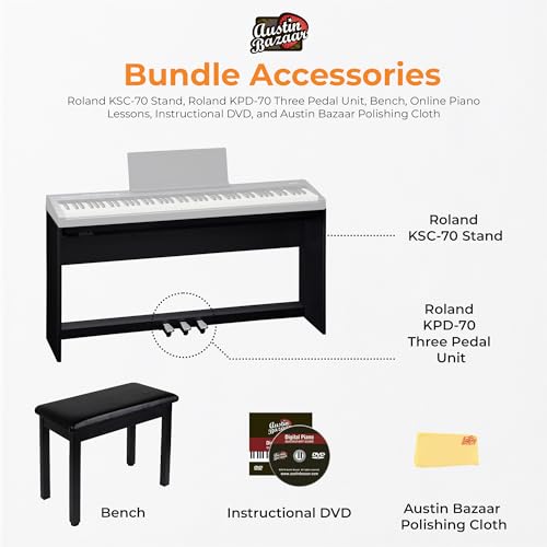 Roland FP-30X 88-Key Digital Piano - Black Bundle with Adjustable Stand, Bench, Sustain Pedal, Online Piano Lessons, Instructional DVD