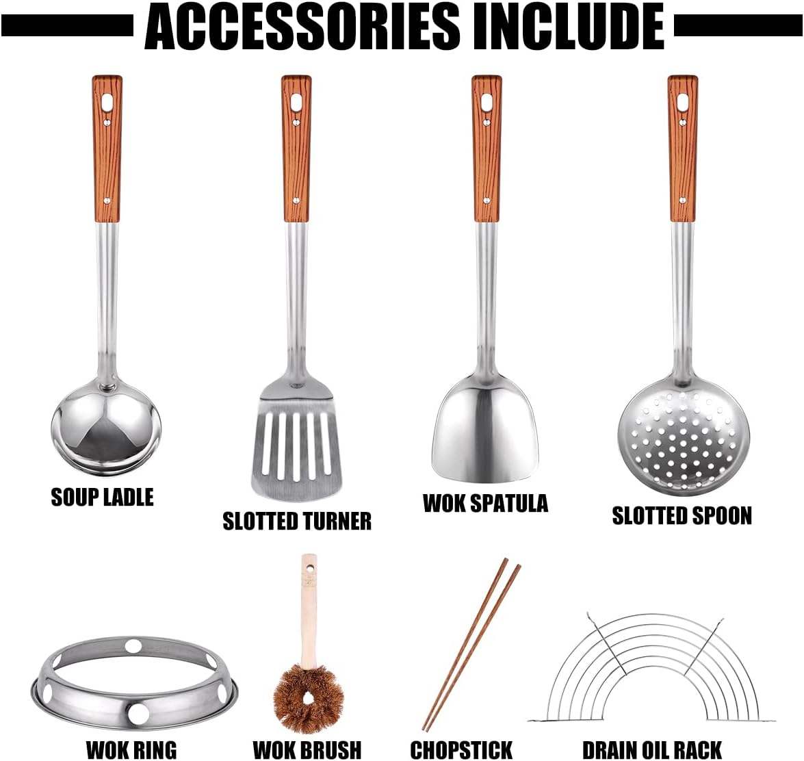 Carbon Steel Wok Traditional Hand Hammered Wok - 13.4” Chinese Wok Round Bottom Wok Pan Set with 8 Pcs Cookware Accessories