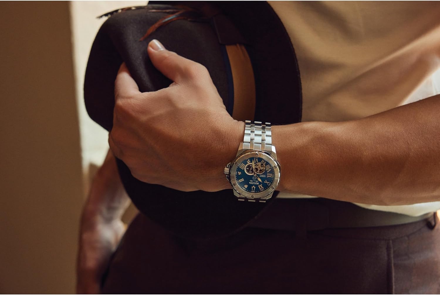 Bulova Marc Anthony Men's Automatic Marine Star Stainless Steel Watch,Open Aperture,Exhibition Case Back,Diamond Accent Blue Sunray Dial