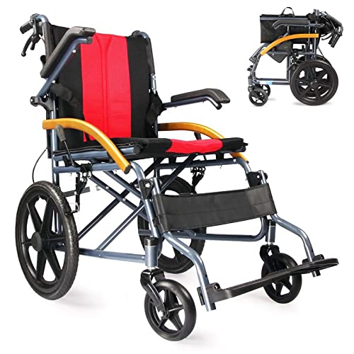Heavy Duty Transport Wheelchair with Handbrakes, Lightweight Folding Transport Chair for Adults with Flip-Backs Arms & Swing-Away Footrests